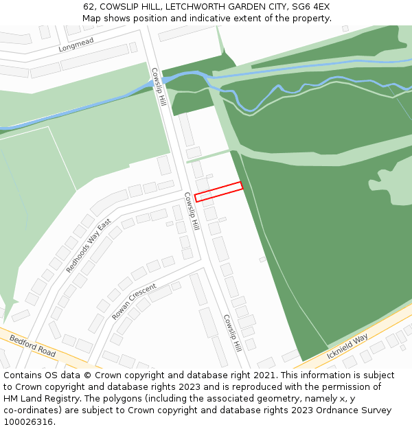 62, COWSLIP HILL, LETCHWORTH GARDEN CITY, SG6 4EX: Location map and indicative extent of plot