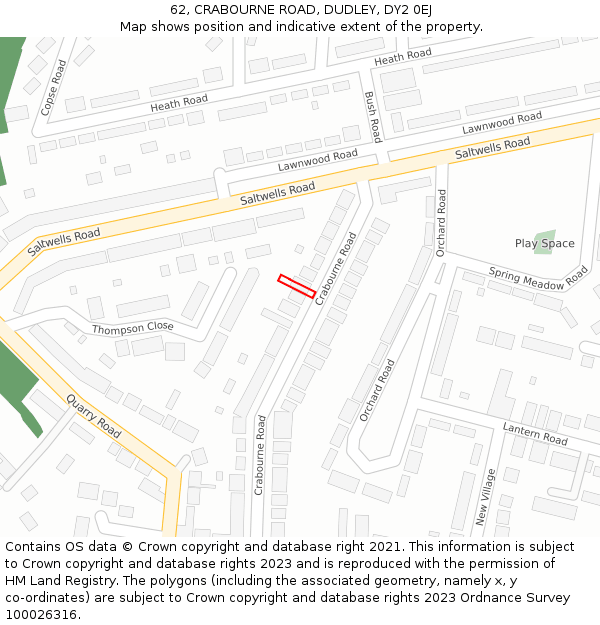 62, CRABOURNE ROAD, DUDLEY, DY2 0EJ: Location map and indicative extent of plot