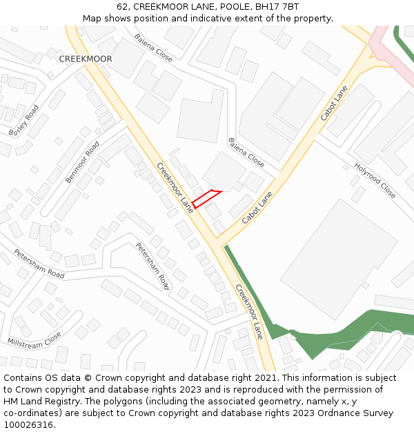 62, CREEKMOOR LANE, POOLE, BH17 7BT: Location map and indicative extent of plot