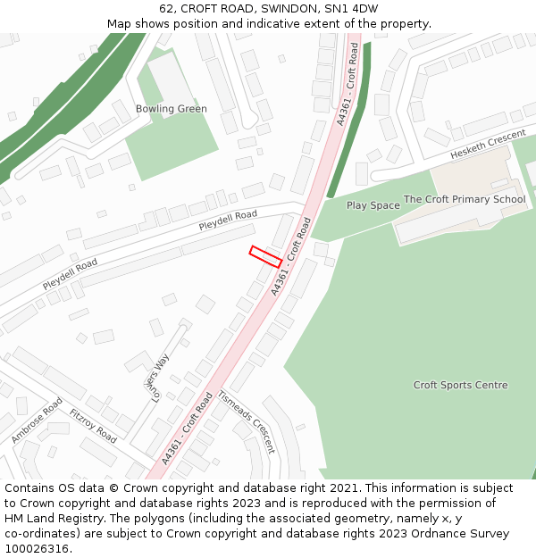 62, CROFT ROAD, SWINDON, SN1 4DW: Location map and indicative extent of plot