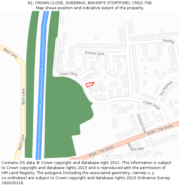 62, CROWN CLOSE, SHEERING, BISHOP'S STORTFORD, CM22 7NE: Location map and indicative extent of plot