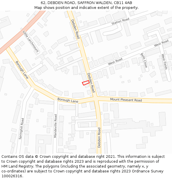 62, DEBDEN ROAD, SAFFRON WALDEN, CB11 4AB: Location map and indicative extent of plot