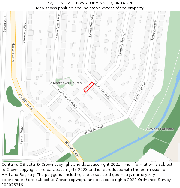 62, DONCASTER WAY, UPMINSTER, RM14 2PP: Location map and indicative extent of plot
