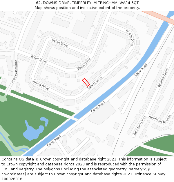 62, DOWNS DRIVE, TIMPERLEY, ALTRINCHAM, WA14 5QT: Location map and indicative extent of plot