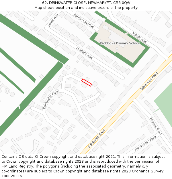 62, DRINKWATER CLOSE, NEWMARKET, CB8 0QW: Location map and indicative extent of plot