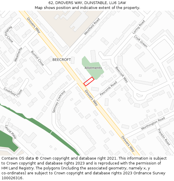 62, DROVERS WAY, DUNSTABLE, LU6 1AW: Location map and indicative extent of plot
