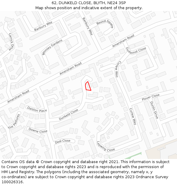62, DUNKELD CLOSE, BLYTH, NE24 3SP: Location map and indicative extent of plot