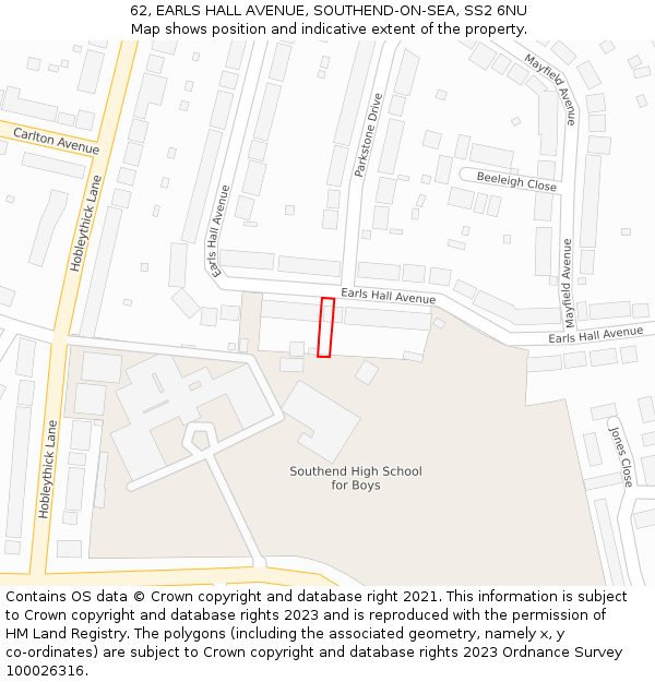 62, EARLS HALL AVENUE, SOUTHEND-ON-SEA, SS2 6NU: Location map and indicative extent of plot