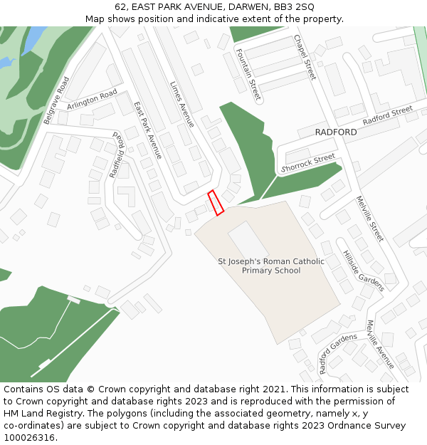 62, EAST PARK AVENUE, DARWEN, BB3 2SQ: Location map and indicative extent of plot