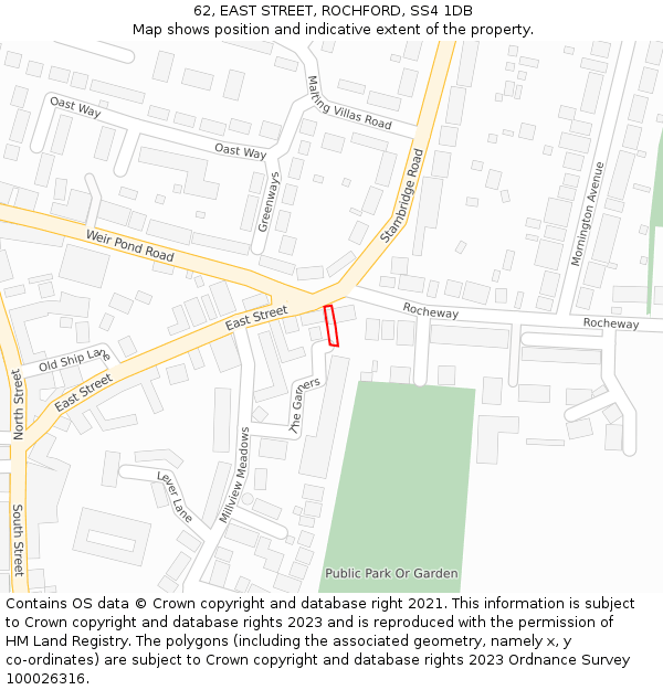 62, EAST STREET, ROCHFORD, SS4 1DB: Location map and indicative extent of plot