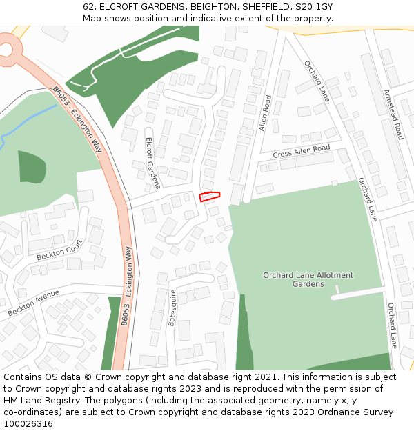 62, ELCROFT GARDENS, BEIGHTON, SHEFFIELD, S20 1GY: Location map and indicative extent of plot