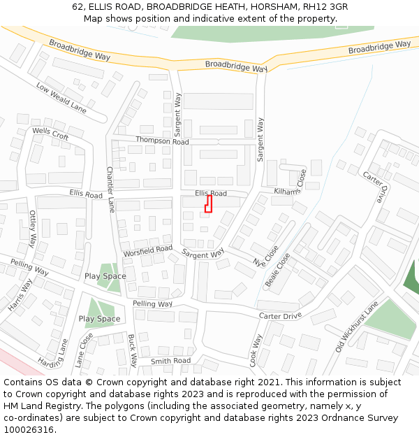 62, ELLIS ROAD, BROADBRIDGE HEATH, HORSHAM, RH12 3GR: Location map and indicative extent of plot