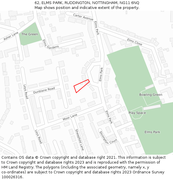 62, ELMS PARK, RUDDINGTON, NOTTINGHAM, NG11 6NQ: Location map and indicative extent of plot