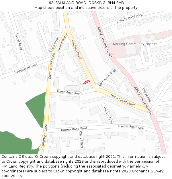 62, FALKLAND ROAD, DORKING, RH4 3AD: Location map and indicative extent of plot