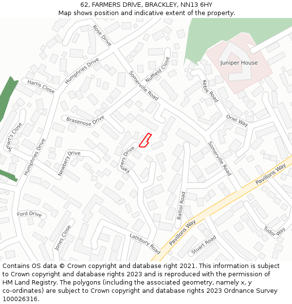 62, FARMERS DRIVE, BRACKLEY, NN13 6HY: Location map and indicative extent of plot