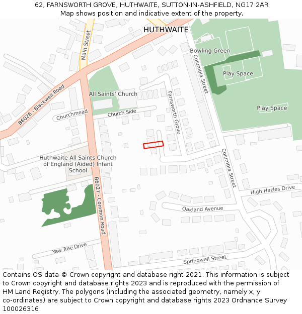 62, FARNSWORTH GROVE, HUTHWAITE, SUTTON-IN-ASHFIELD, NG17 2AR: Location map and indicative extent of plot