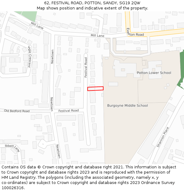 62, FESTIVAL ROAD, POTTON, SANDY, SG19 2QW: Location map and indicative extent of plot