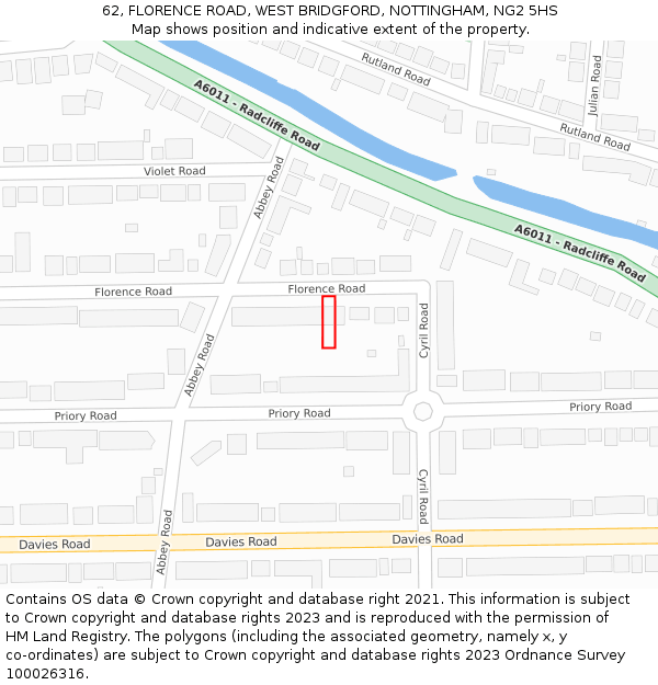 62, FLORENCE ROAD, WEST BRIDGFORD, NOTTINGHAM, NG2 5HS: Location map and indicative extent of plot