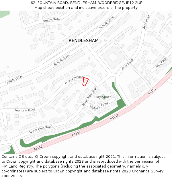 62, FOUNTAIN ROAD, RENDLESHAM, WOODBRIDGE, IP12 2UF: Location map and indicative extent of plot