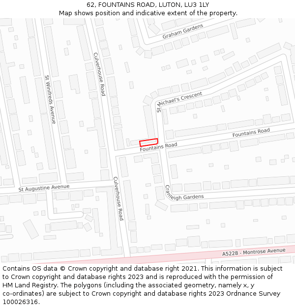 62, FOUNTAINS ROAD, LUTON, LU3 1LY: Location map and indicative extent of plot