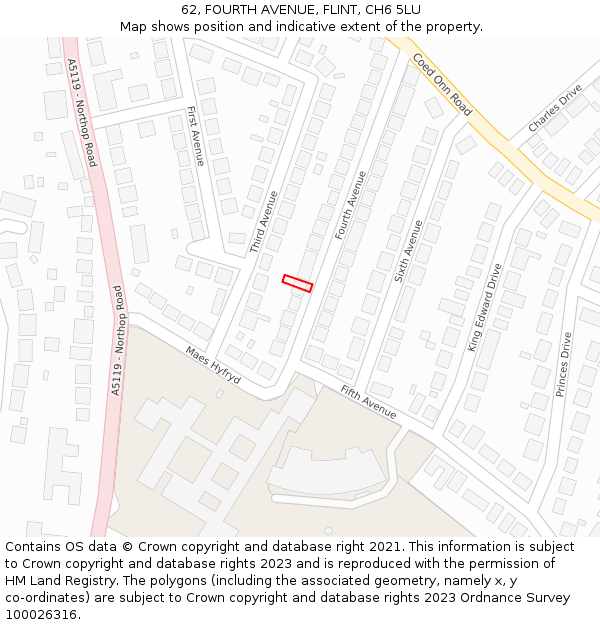 62, FOURTH AVENUE, FLINT, CH6 5LU: Location map and indicative extent of plot