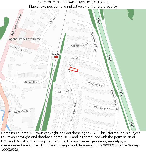 62, GLOUCESTER ROAD, BAGSHOT, GU19 5LT: Location map and indicative extent of plot