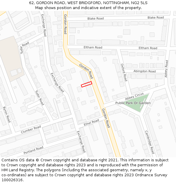 62, GORDON ROAD, WEST BRIDGFORD, NOTTINGHAM, NG2 5LS: Location map and indicative extent of plot