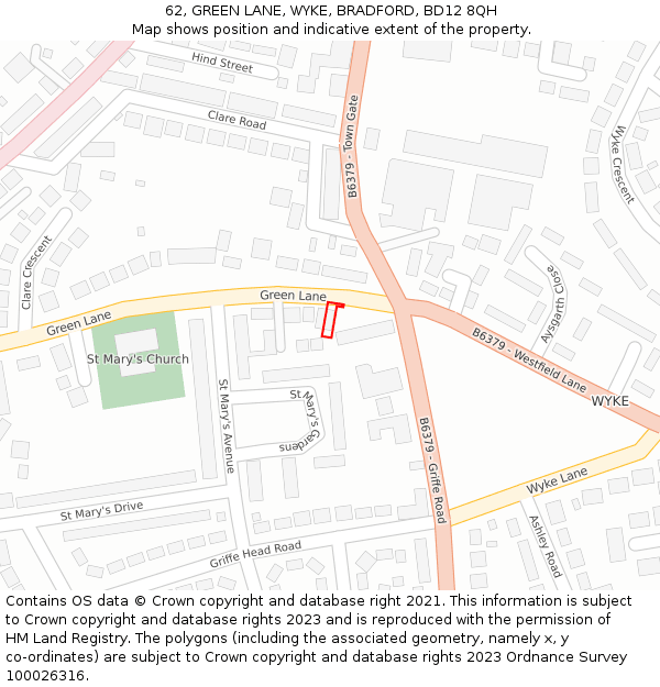 62, GREEN LANE, WYKE, BRADFORD, BD12 8QH: Location map and indicative extent of plot