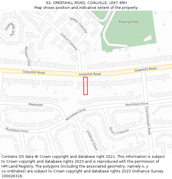 62, GREENHILL ROAD, COALVILLE, LE67 4RH: Location map and indicative extent of plot