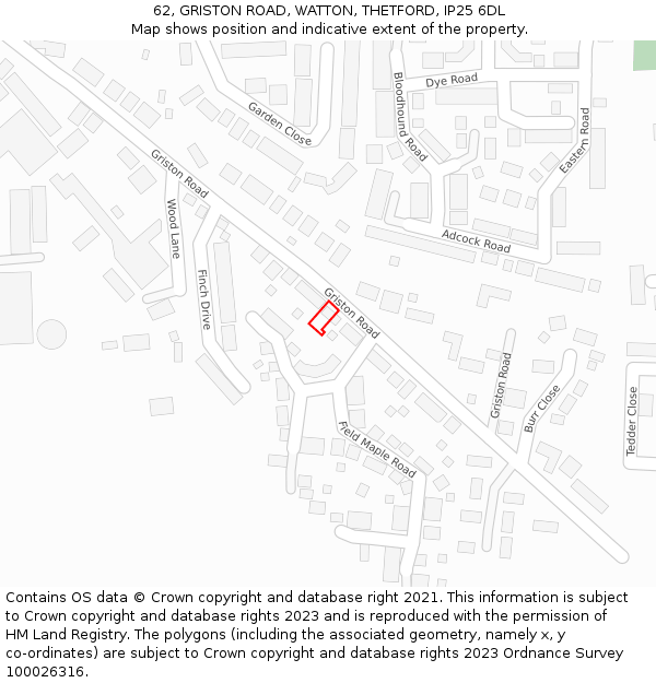 62, GRISTON ROAD, WATTON, THETFORD, IP25 6DL: Location map and indicative extent of plot