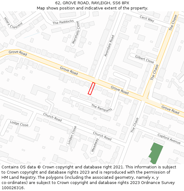 62, GROVE ROAD, RAYLEIGH, SS6 8PX: Location map and indicative extent of plot