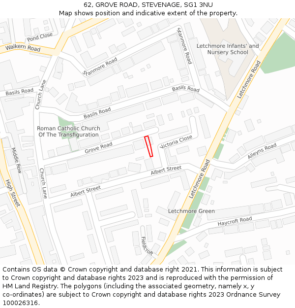 62, GROVE ROAD, STEVENAGE, SG1 3NU: Location map and indicative extent of plot