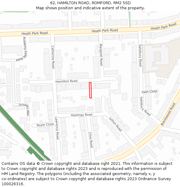 62, HAMILTON ROAD, ROMFORD, RM2 5SD: Location map and indicative extent of plot