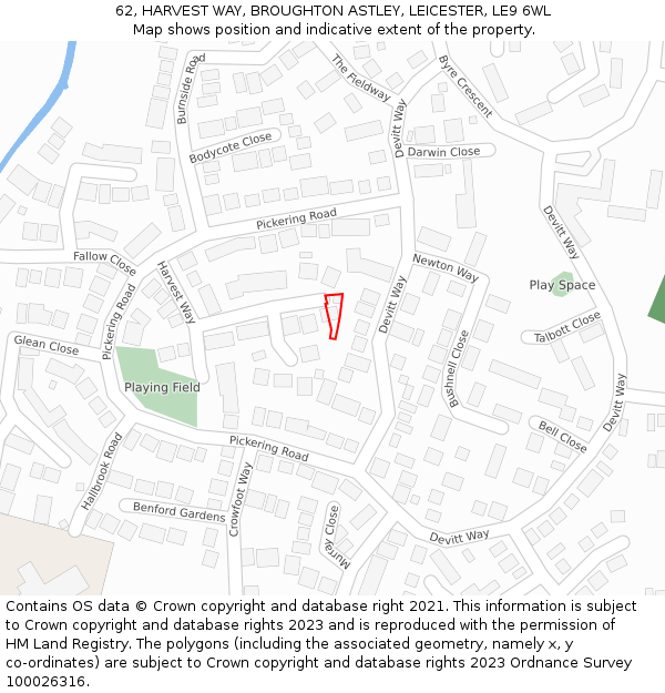 62, HARVEST WAY, BROUGHTON ASTLEY, LEICESTER, LE9 6WL: Location map and indicative extent of plot