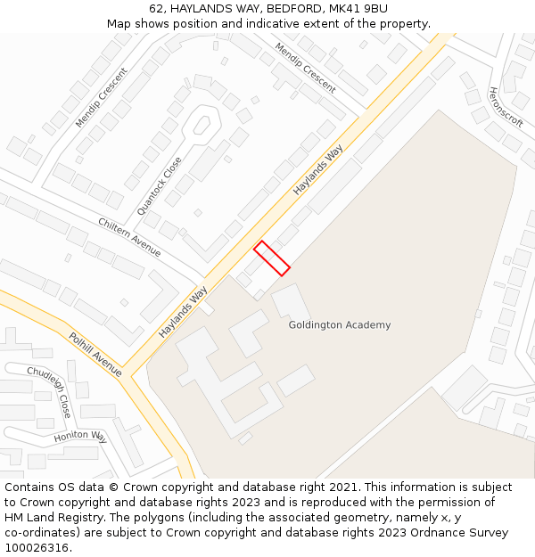 62, HAYLANDS WAY, BEDFORD, MK41 9BU: Location map and indicative extent of plot