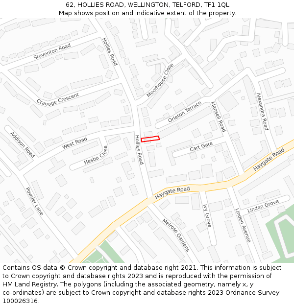 62, HOLLIES ROAD, WELLINGTON, TELFORD, TF1 1QL: Location map and indicative extent of plot