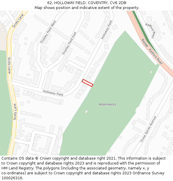 62, HOLLOWAY FIELD, COVENTRY, CV6 2DB: Location map and indicative extent of plot