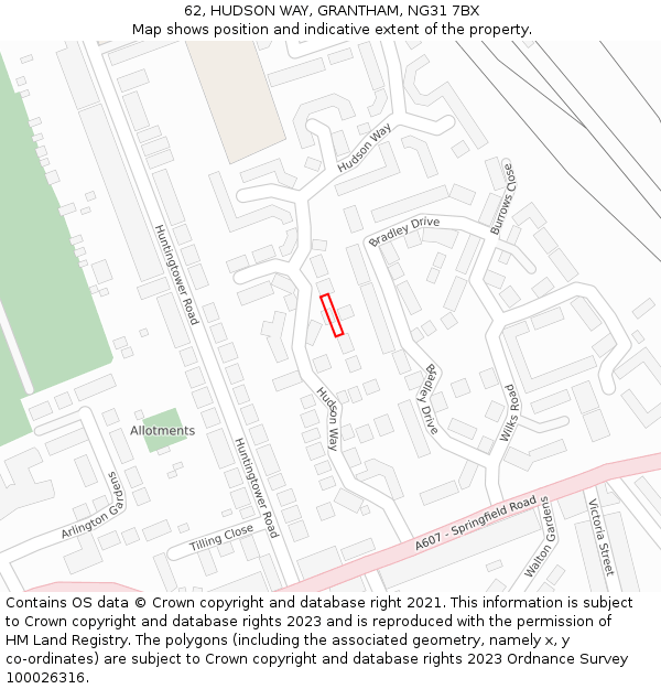 62, HUDSON WAY, GRANTHAM, NG31 7BX: Location map and indicative extent of plot