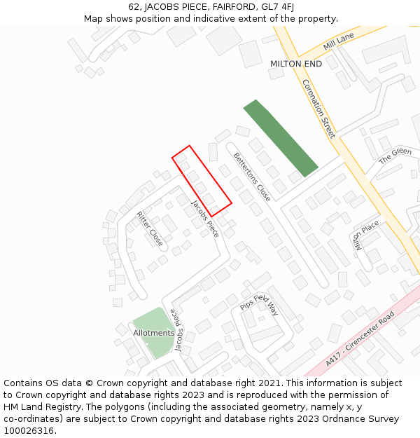 62, JACOBS PIECE, FAIRFORD, GL7 4FJ: Location map and indicative extent of plot