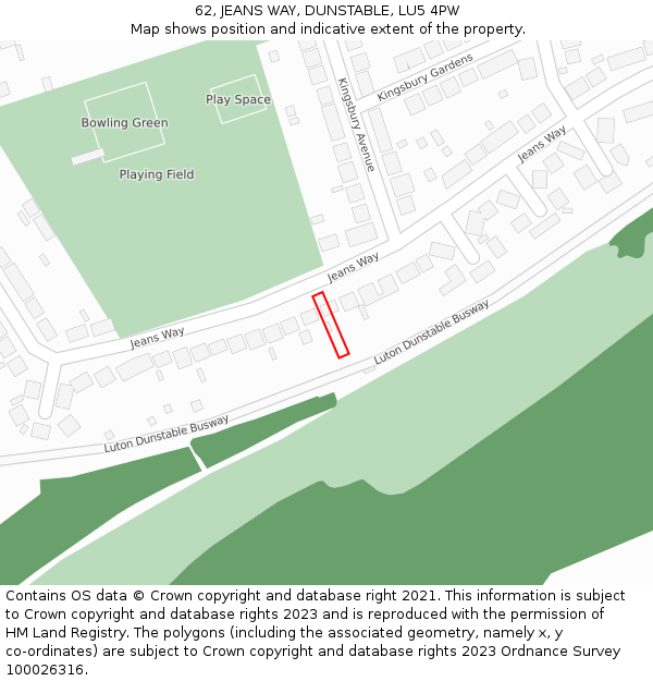 62, JEANS WAY, DUNSTABLE, LU5 4PW: Location map and indicative extent of plot