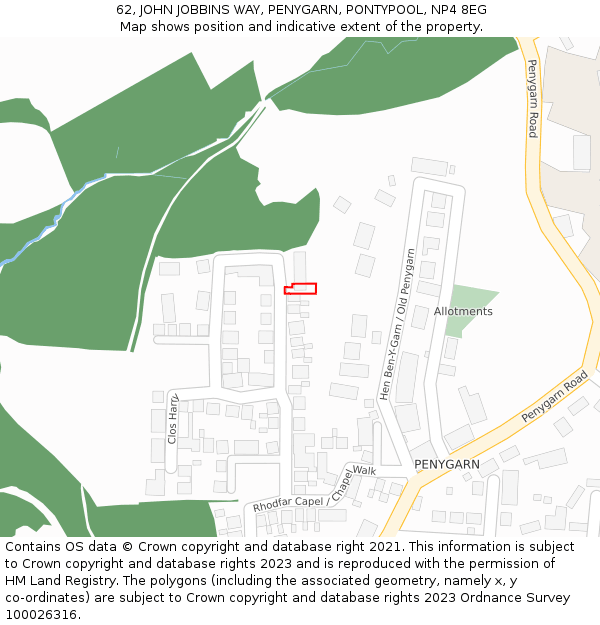 62, JOHN JOBBINS WAY, PENYGARN, PONTYPOOL, NP4 8EG: Location map and indicative extent of plot