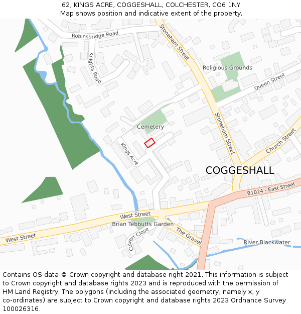 62, KINGS ACRE, COGGESHALL, COLCHESTER, CO6 1NY: Location map and indicative extent of plot