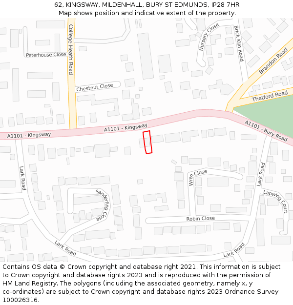 62, KINGSWAY, MILDENHALL, BURY ST EDMUNDS, IP28 7HR: Location map and indicative extent of plot