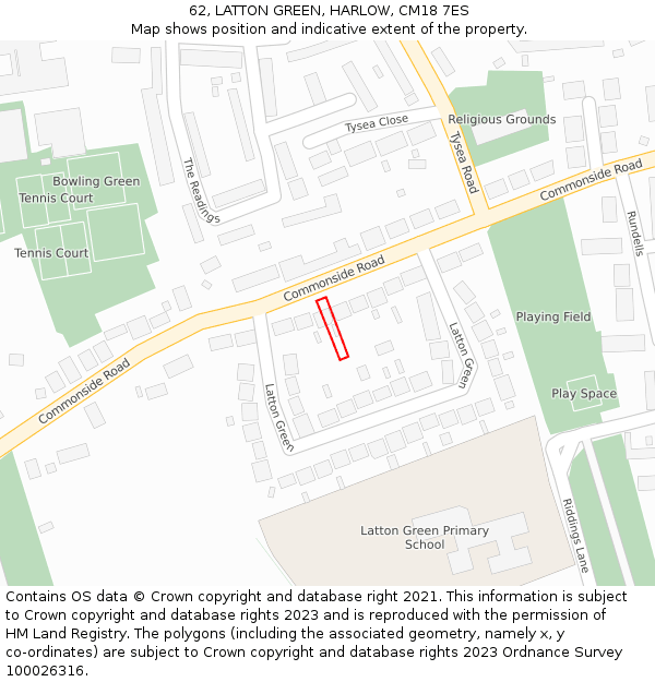 62, LATTON GREEN, HARLOW, CM18 7ES: Location map and indicative extent of plot