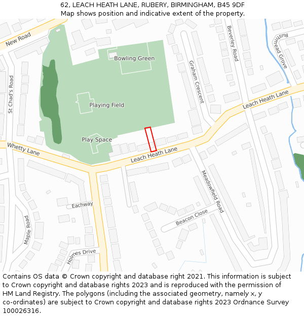 62, LEACH HEATH LANE, RUBERY, BIRMINGHAM, B45 9DF: Location map and indicative extent of plot