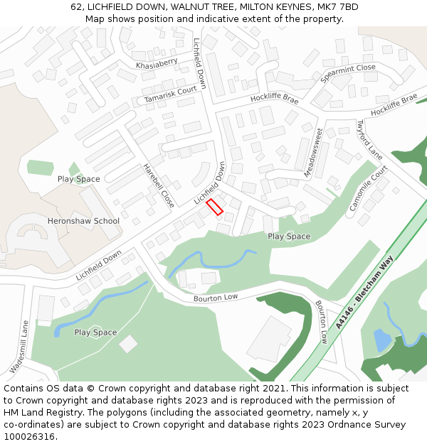 62, LICHFIELD DOWN, WALNUT TREE, MILTON KEYNES, MK7 7BD: Location map and indicative extent of plot