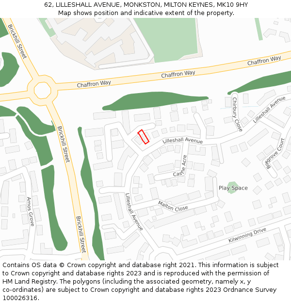 62, LILLESHALL AVENUE, MONKSTON, MILTON KEYNES, MK10 9HY: Location map and indicative extent of plot