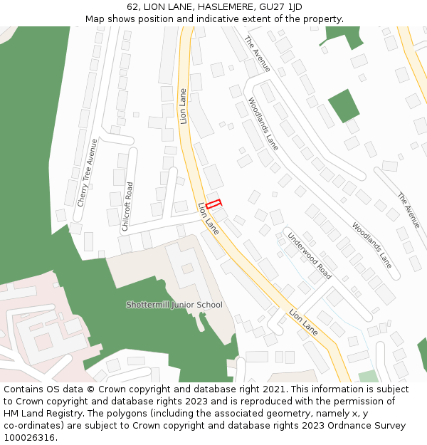 62, LION LANE, HASLEMERE, GU27 1JD: Location map and indicative extent of plot