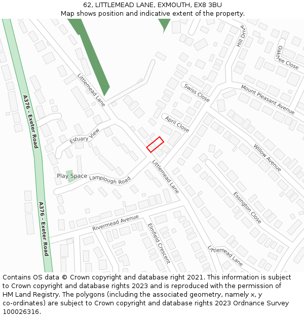 62, LITTLEMEAD LANE, EXMOUTH, EX8 3BU: Location map and indicative extent of plot