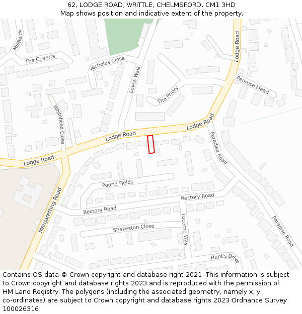 62, LODGE ROAD, WRITTLE, CHELMSFORD, CM1 3HD: Location map and indicative extent of plot